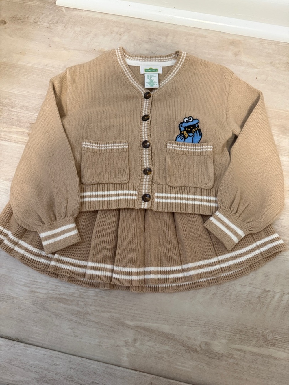 Sesame Street Tan Knit Cardigan and Skirt Set with Blue Cookie Monster Patch
